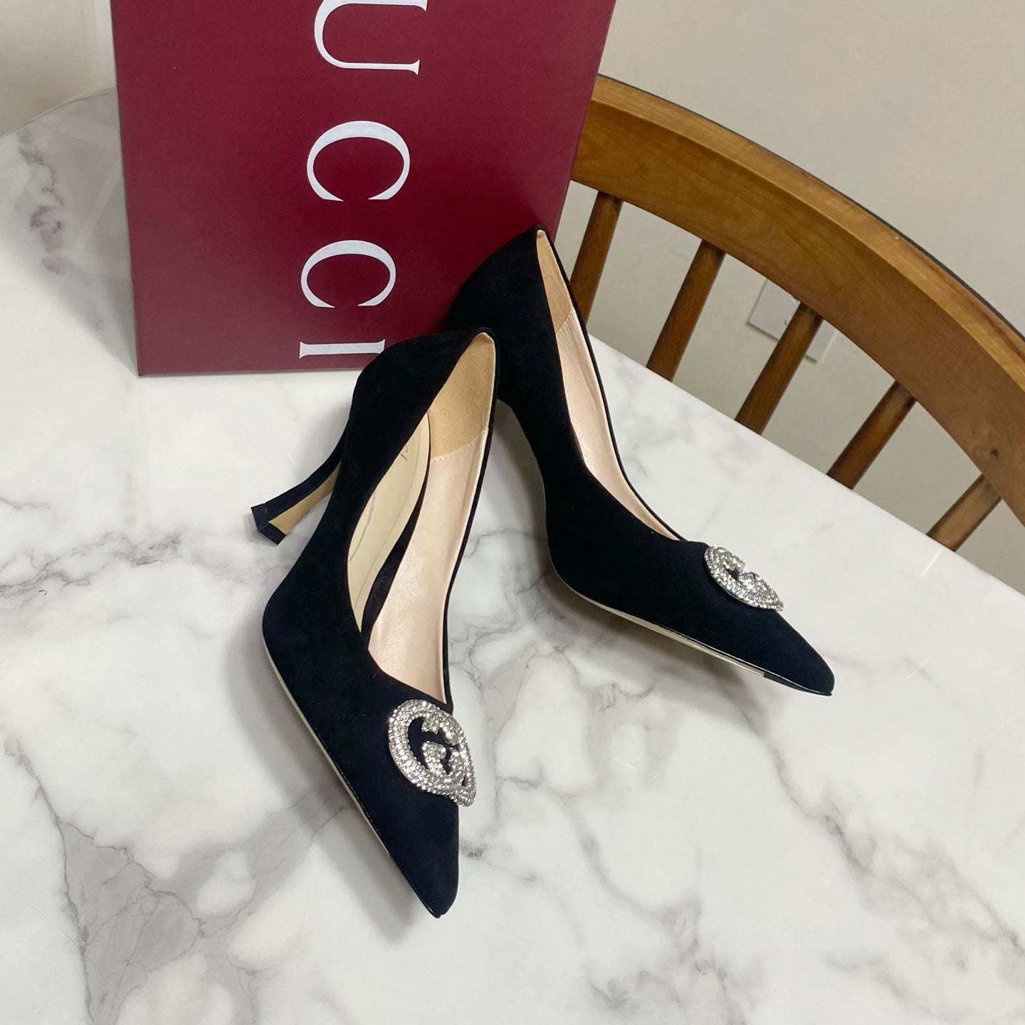 GUCCI 26S HIGH-HEELED SHOES 85 MM IN BLACK SUEDE WITH CRYSTAL