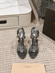 ALAIA HIGH SANDAL IN BLACK CALFSKN AND FILM WITH CRYSTAL