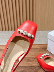 DIOR HIGH SLINGBACK 55 MM 25S IN RED LAMBSKIN PEARL DETAILING