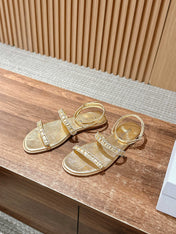 DIOR TWO-STRAP RHINESTONE SANDALS IN GOLD LAMBSKIN