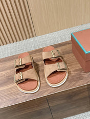 LP 26S DOUBLE BUCKLE SLIDES IN BROWN SUEDE GOLD HARDWARE