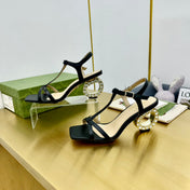MEDIUM-HEEL SANDAL IN BLACK CALFSKIN GOLD HARDWARE WITH RHINSTONES