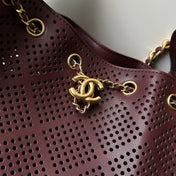 CHANEL 26S HOBO BAG 22 IN BURGUNDY RED PERFORATED CALFSKIN GOLD HARDWARE