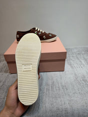 MIUMIU 26S LOW TOP SNEAKERS IN DARK BROWN CANVAS CRYSTAL-EMBELLISHED
