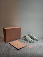 MIUMIU 26S LOW TOP SNEAKERS IN LIGHT BLUE CANVAS CRYSTAL-EMBELLISHED