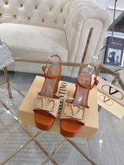 VALENTINO 26S PLATFORM SANDALS 110 MM IN BROWN CALFSKIN AND BEIGE RAFFIA