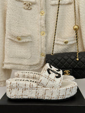 CLASSIC SLIPPERS THICK SOLE IN WHITE MIX BROWN TWEED