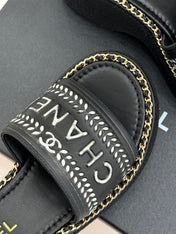 THICK SOLE WEDGE SLIPPERS IN BLACK MIX WHITE CALFSKIN