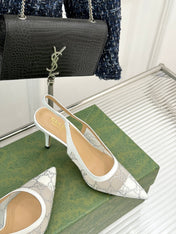 GG HIGH SLINGBACK 8.5 CM IN WHITE CLASSIC POINTED-TOE MESH WITH RHINESTONE EMBELLISHMENTS