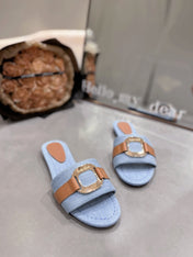 SLIDE MULE IN LIGHT BLUE DENIM AND BROWN CALFSKIN GOLD HARDWARE
