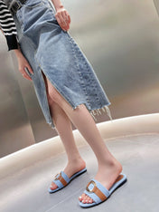 SLIDE MULE IN LIGHT BLUE DENIM AND BROWN CALFSKIN GOLD HARDWARE