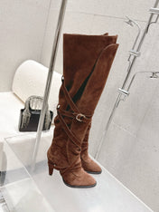 YSL 26S JANIS KNEE-HIGH BOOTS 90 MM IN BROWN SUEDE