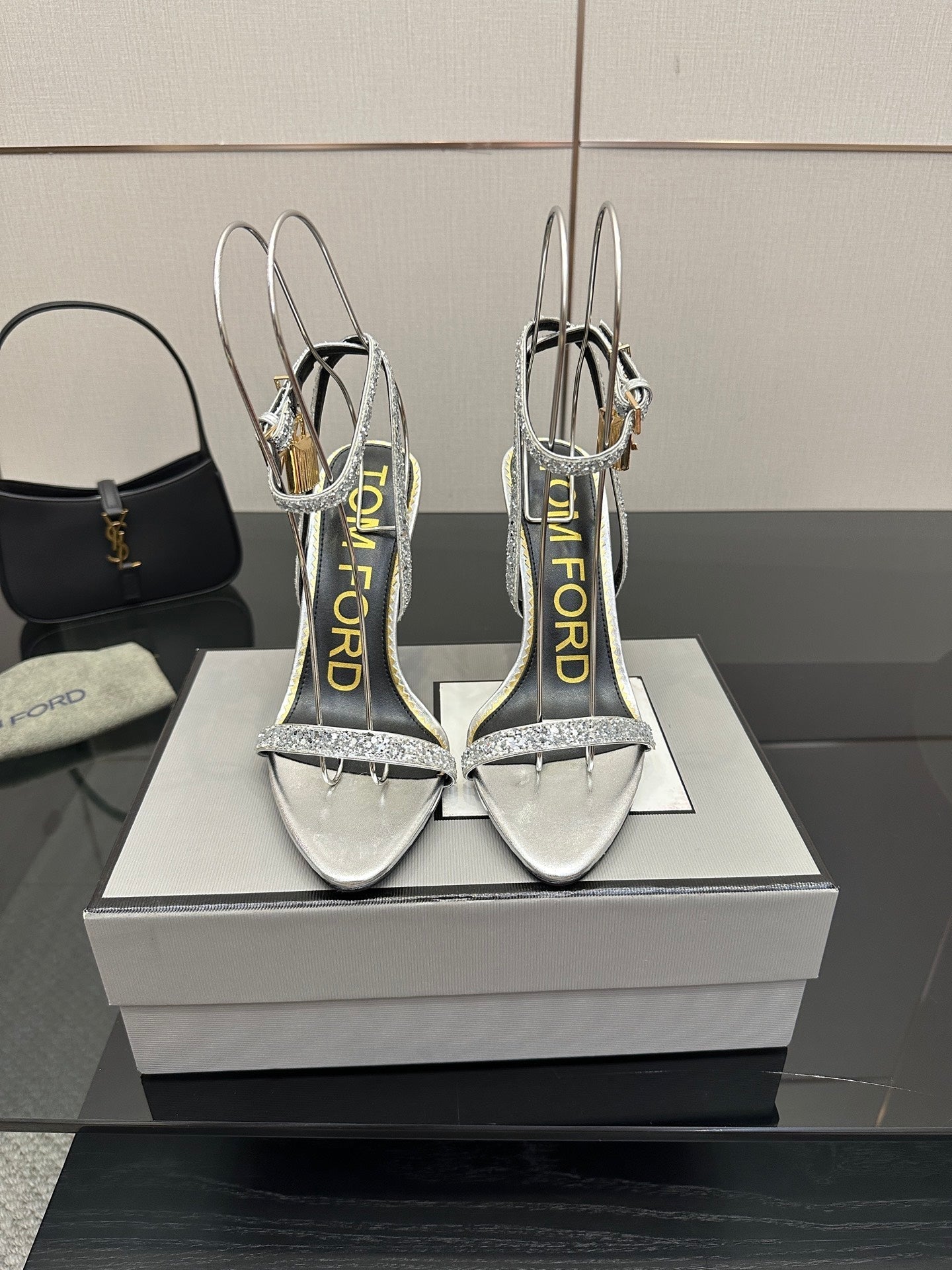 TOM FORD 26S HEELED SANDALS 100 MM IN SILVER CALFSKIN