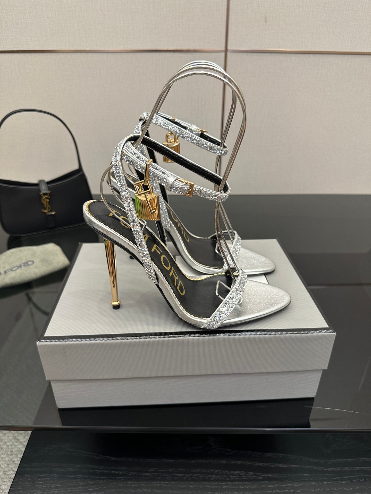 TOM FORD 26S HEELED SANDALS 100 MM IN SILVER CALFSKIN