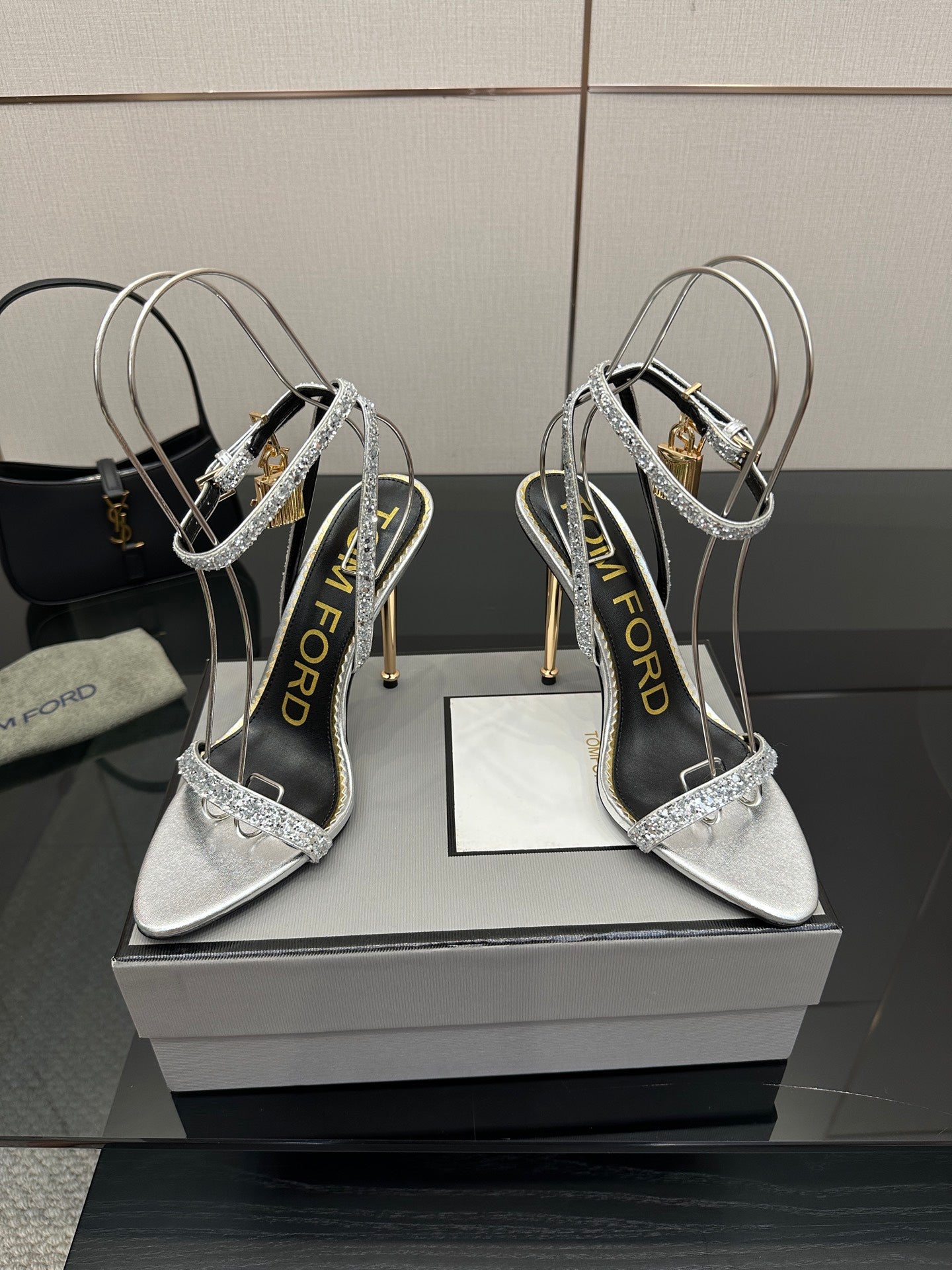 TOM FORD 26S HEELED SANDALS 100 MM IN SILVER CALFSKIN