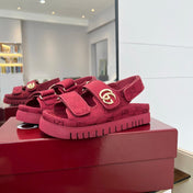 VELCRO STRAP SANDALS IN BRICK RED MONOGRAM CANVAS GOLD HARDWARE