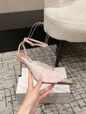 JIMMY CHOO 26S SLINGBACK HEELS 95 MM IN LIGHT PINK LACE