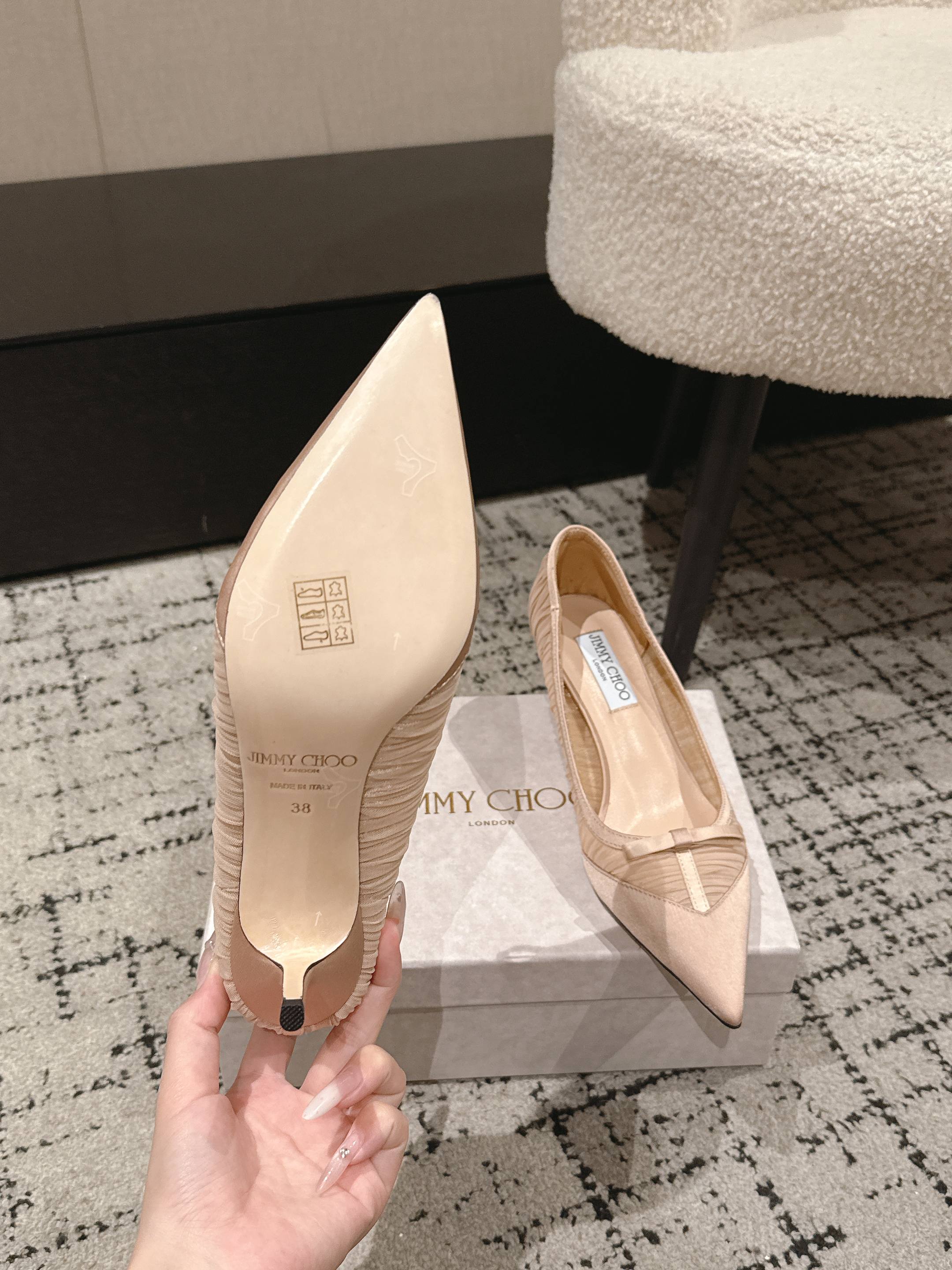 JIMMY CHOO 26S POINTED-TOE HIGH HEELS 65 MM IN LIGHT NUDE PINK FABRIC