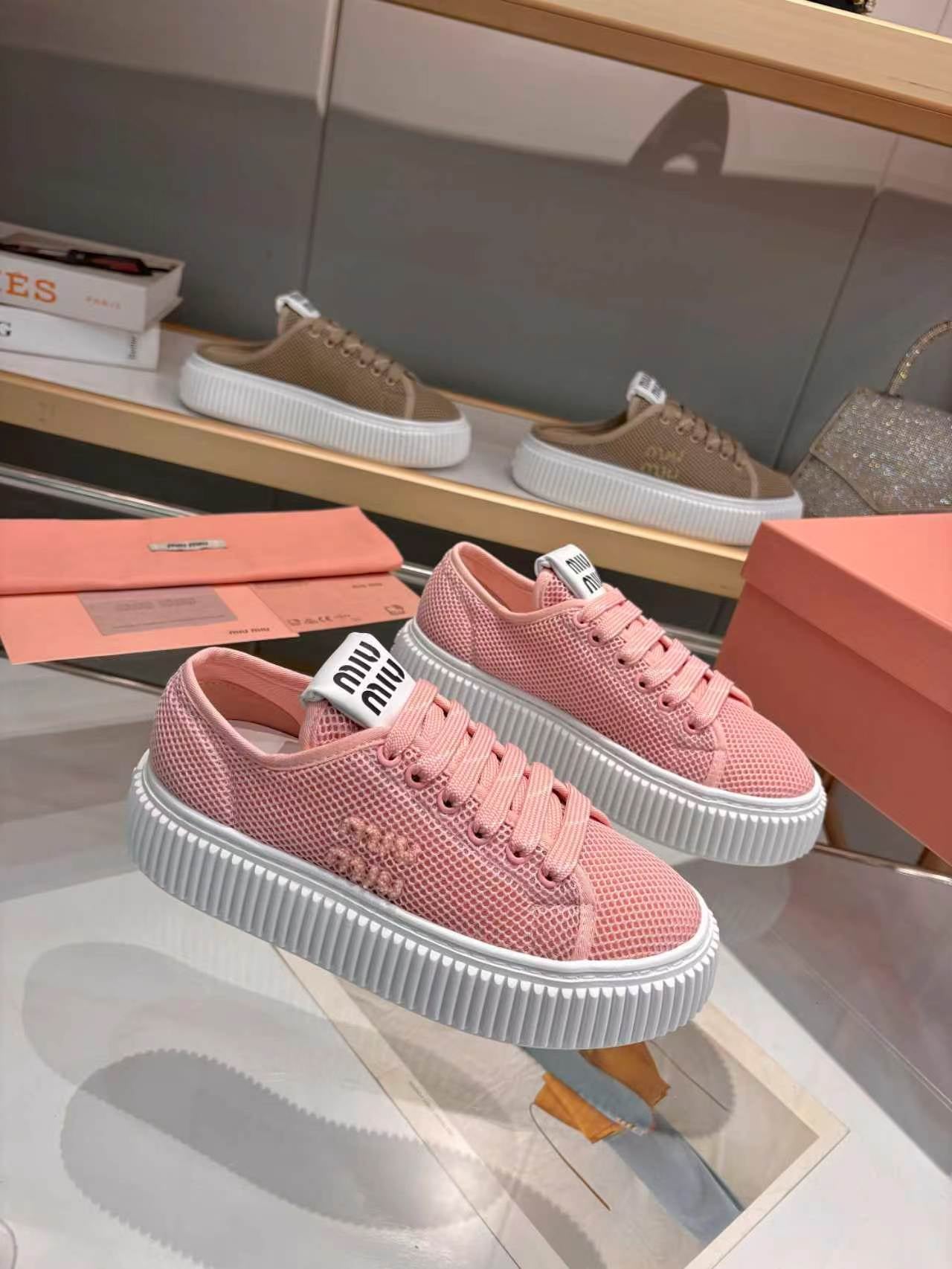 MIUMIU 26S SNEAKER 45MM IN PINK MESH FABRIC