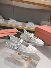 MIUMIU 26S MARY JANE BALLERINAS IN WHITE AND GREEN CALFSKIN