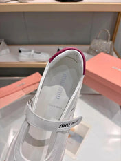 MIUMIU 26S MARY JANE BALLERINAS IN WHITE AND BURGUNDY RED CALFSKIN
