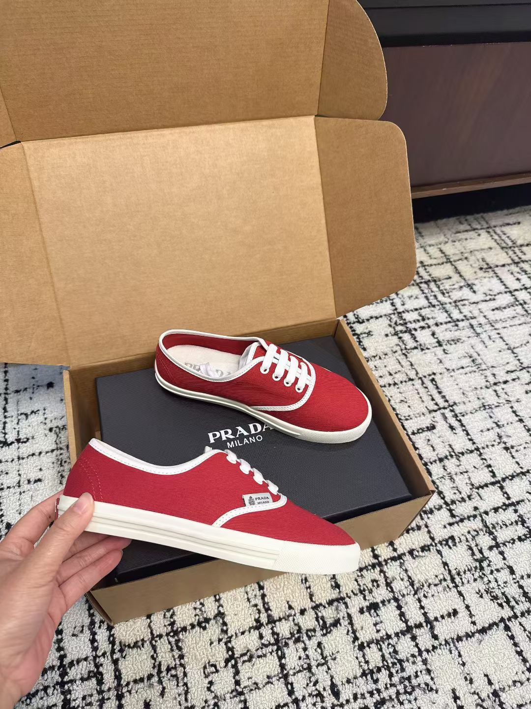PRADA 26S LACE UP SNEAKERS IN RED CANVAS