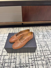 MIUMIU 26S LACE UP BOW LOAFERS IN CARAMEL BROWN CALFSKIN