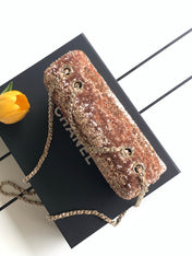 CHANEL 26S SEQUINS FLAP BAG 21 IN BROWN TWEED AND CALFSKIN GOLD HARDWARE