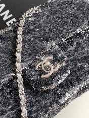 CHANEL 26S SEQUINS FLAP BAG 21 IN BLACK TWEED AND CALFSKIN SILVER HARDWARE