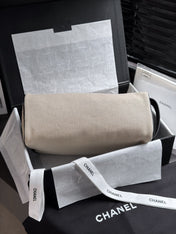 CHANEL 26S LARGE ZIP POUCH BAG 29 IN BEIGE CANVAS AND CALFSKIN SILVER HARDWARE