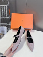 HM 26S KELLY BUCKLE MARY JANE POINTED FLATS IN TAUPE BROWN SUEDE