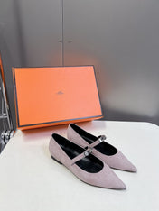 HM 26S KELLY BUCKLE MARY JANE POINTED FLATS IN TAUPE BROWN SUEDE