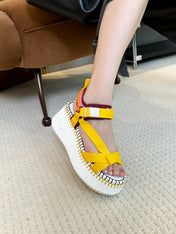 CHLOÉ NAMA WEDGE SANDALS IN BRIGHT YELLOW FABRIC AND WHITE RUBBER