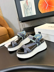 CHLOÉ NAMA WEDGE SANDALS IN GREY FABRIC AND WHITE RUBBER