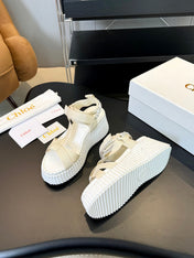 CHLOÉ NAMA WEDGE SANDALS IN BEIGE FABRIC AND WHITE RUBBER
