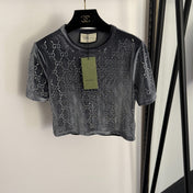 GUCCI 26S SHORT-SLEEVE VELVET TOP WITH RHINESTONES 179