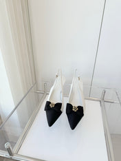 SLINGBACKS 80 MM IN WHITE CALFSKIN AND BLACK CANVAS