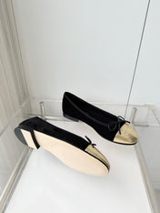 CHANEL 26S BALLET FLATS IN BLACK SUEDE WITH GOLD TOE CAP AND BOW