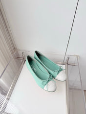 CHANEL 26S BALLET FLATS IN MINT GREEN CALFSKIN WITH WHITE TOE CAP AND BOW