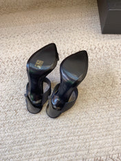 MARTHA POINTED OPEN-TOE HIGH MULES IN BLACK SILK