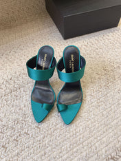 MARTHA POINTED OPEN-TOE HIGH MULES IN TEAL GREEN SILK