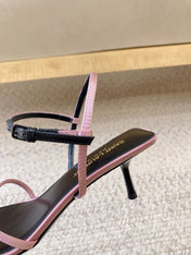 STRAPPY MID HEEL SANDALS IN PINK SILK