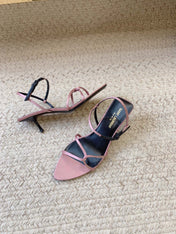 STRAPPY MID HEEL SANDALS IN PINK SILK