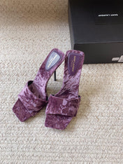 HIGH HEEL SLIDES IN PURPLE VELVET