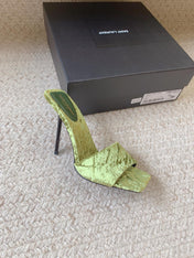 HIGH HEEL SLIDES IN TEA GREEN VELVET