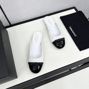 BOW MULE IN WHITE FABRIC AND BLACK CALFSKIN