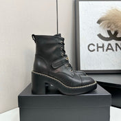 CHANEL 25S LACE-UP HEELED ANKLE BOOTS IN BLACK CALFSKIN