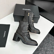 CHANEL 25S LACE-UP HEELED ANKLE BOOTS IN BLACK CALFSKIN