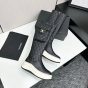 CHANEL 25S WEDGE KNEE-HIGH BOOTS IN BLACK CALFSKIN SILVER HARDWRE