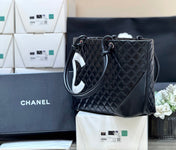 CHANEL 25S CAMBON LIGNE TOTE BAG 30 IN BLACK AND WHITE LAMBSKIN
